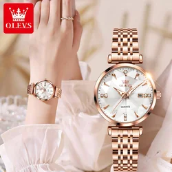 OLEVS Luxury Quartz Watch Women Rose Gold Solid Stainless Steel Strap Rhombus Design Elegant Original Brand Ladies Wristwatch