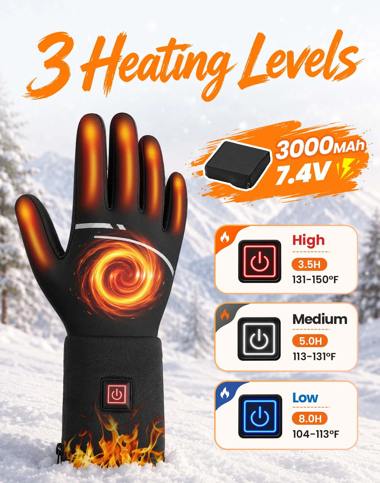 Electric Heated Gloves 7.4V 3000mAh Rechargeable Heating Gloves 3 Levels Touchscreen Waterproof Winter Thermal Gloves for Motorcycle Skiing Cycling Hiking Work