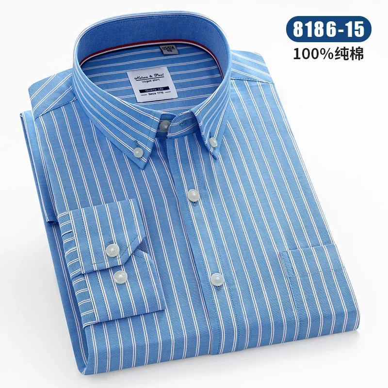 

High Quality Spring and Autumn 100% Cotton Oxford Plaid Men's Shirt Long Sleeve Non iron Fit Solid Color Business Casual Stripes