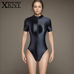 XCKNY satin glossy tights oil sliky smooth front zipper short sleeve swimsuit Yoga sportswear silky solid color BODYSUIT