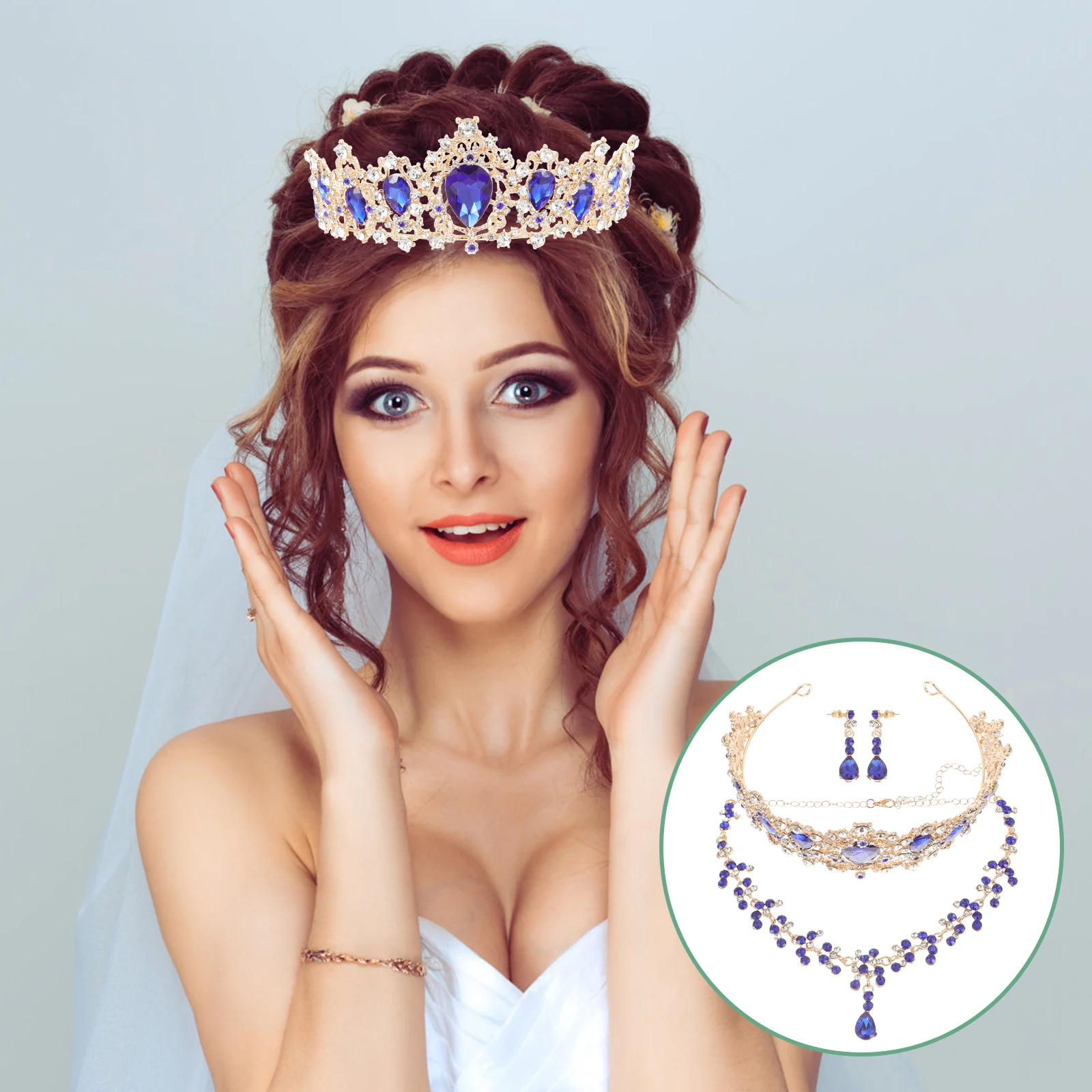 Костюм Корона Свадебное ожерелье Серьги для невесты Тиара Одежда Стильные свадебные украшения Синие женские аксессуары