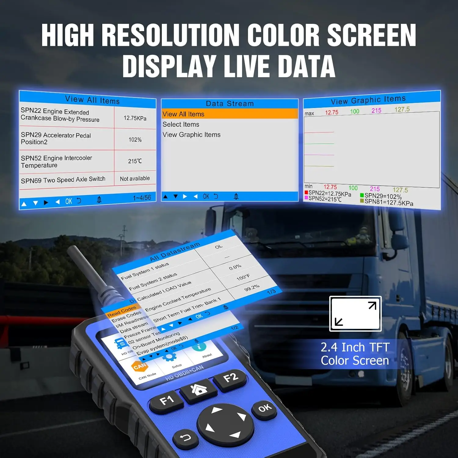 أداة الماسح الضوئي للشاحنة والسيارات HD OBD2 قارئ رمز التشخيص 2 في 1 للمركبات 12 فولت/24 فولت