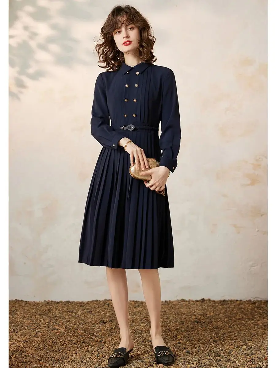 LOUIS YAO Pleated Long Women Dress 2024 Spring New Elegant Double Breasted Buckle Polo Neck Long Sleeve Slim Fit A-line Dress