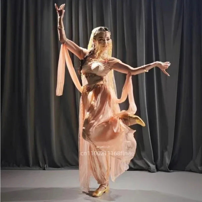 

Костюм для танца живота, ролевая игра, комплект для экзотического индийского танца, комплект принцессы в западном регионе, танцевальное представление Dunhuang