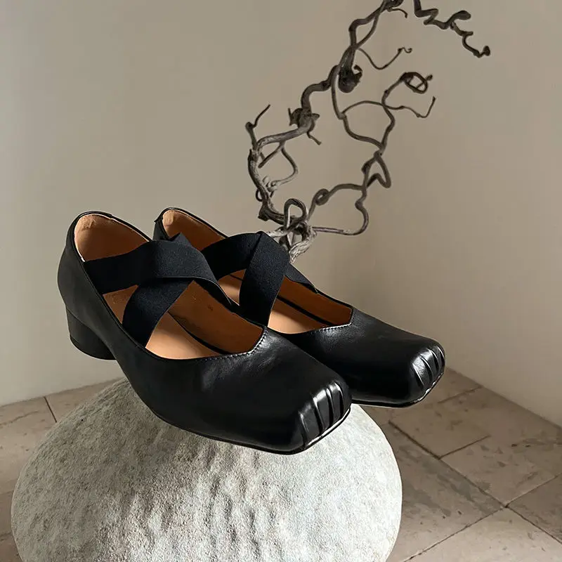 Ballerines carrées en cuir véritable pour femmes, chaussures à enfiler pour dames, robe de Rh, chaussures de carrière vintage, printemps, automne, 2025