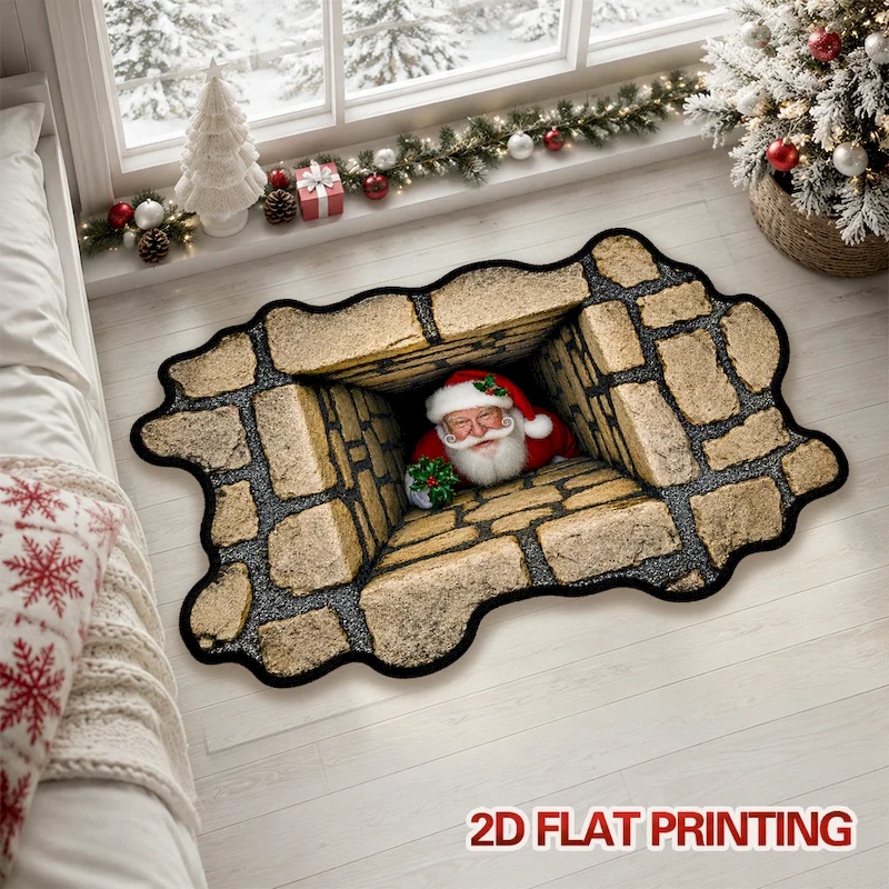 VIKAMA Christmas Irregular Door Mat, Retro Christmas Theme Carpet Entrance Indoor And Outdoor Home Decoration