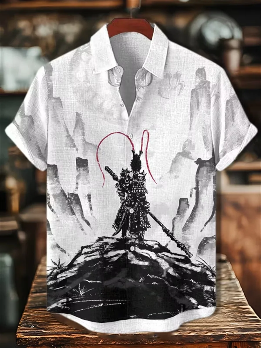 

Men's short sleeved linen lapel shirt with button design and digital printing, casual and comfortable, fashionable to wear