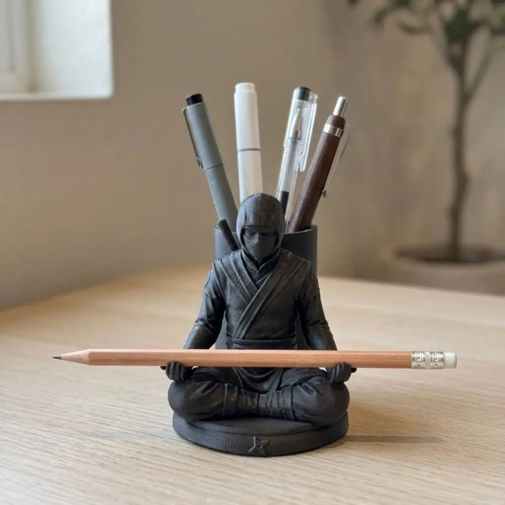 3D Printed Ninja Figurine Pen Holder Zen Ninja Realistic Stationery Storage Holder Plastic Funny Desk Pen Holder Statue