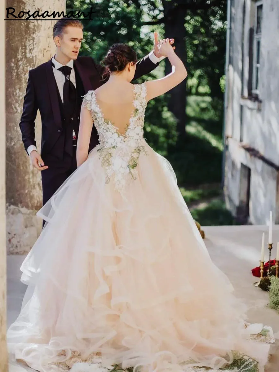 2025 Abiti casual Giardino 3D Fiore Foglia Abiti da sposa in pizzo Abiti Modesto Backless A-line Lungo Tulle Festa floreale da sposa