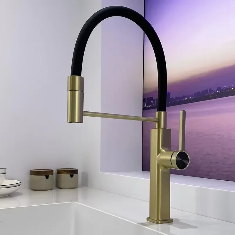 KAWAL New Modern Design Rose Gold Kitchen Faucet Brushed Water Brass Kitchen Mixer Pull Out Solid Kitchen Faucet