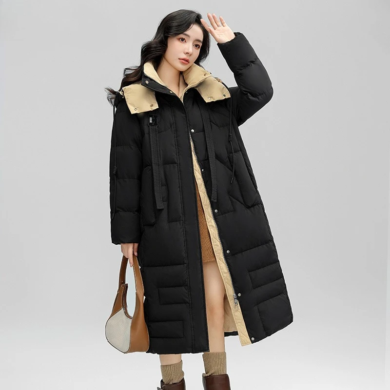 2025 الشتاء طويل أسفل سترة الرجال النساء الفاخرة خفيفة الوزن مقنعين أوزة أسفل سترة دافئة الشارع الشهير الثلوج سميكة سترة منفوخة #5