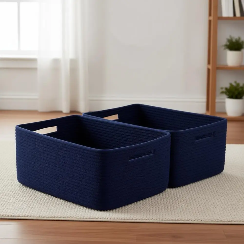 

Double Pack Navy Blue Large Storage Baskets, 17x13x7.5, Ideal for Nursery, Closet, Toys, Blankets & Towels
