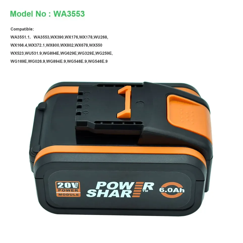 For 20V Battery 6000mah Li-ion for Worx WX390/WX176/WX166.4/WX372.1 WX800/WX678/WX550/WX532/WG894E WG629E/WG329E/WG2