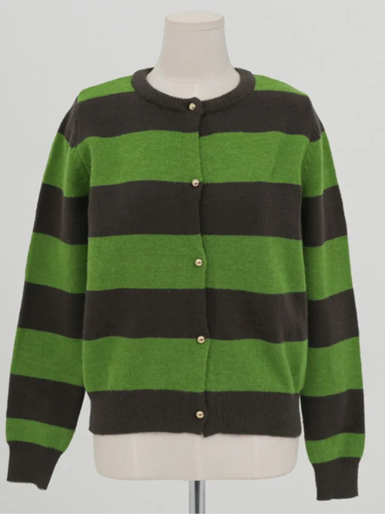 محبوك الخريف سترة المرأة مخطط طباعة عادية سليم موضة السيدات اقتصاص بالأزرار الكورية نمط امرأة سترة معاطف