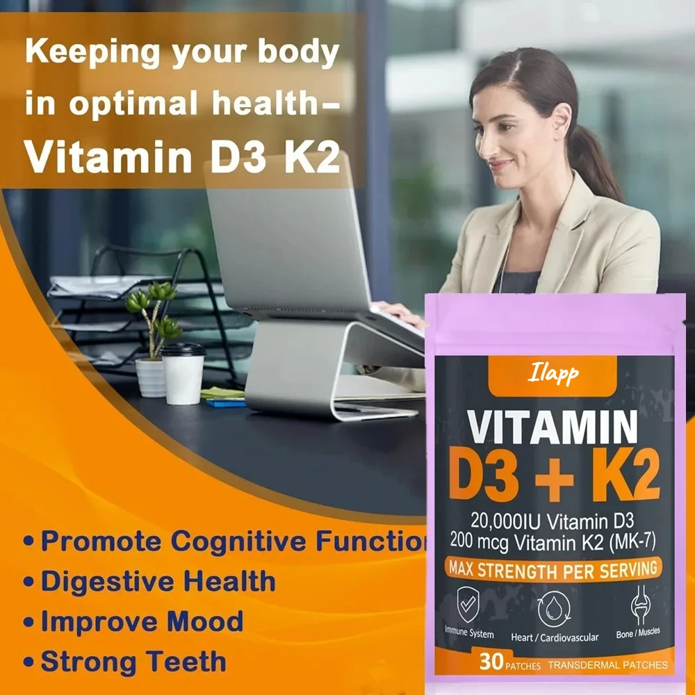 30 Patches Vitamin D3 & K2 Transdermal Patches Support Strong Bones & Muscle, Calcium Absorption & Immune Health