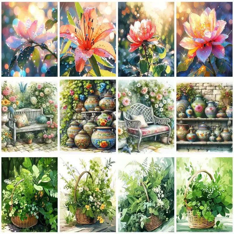

GATYZTORY Paint By Numbers Green Leaves And Flowers Drawing On Canvas HandPainted DIY Pictures By Number Kits Home Decor