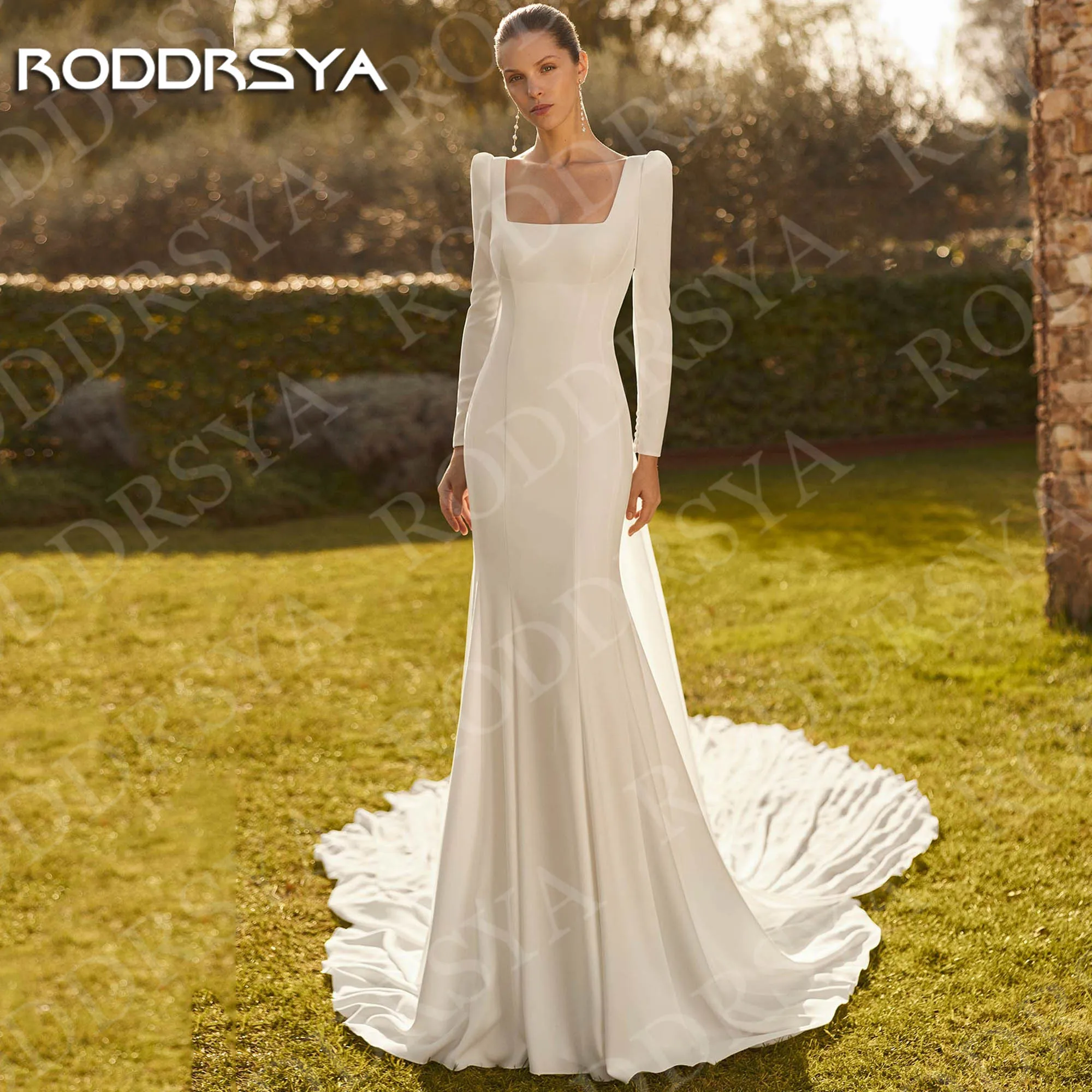 RODDRSYA Mermaid Backless Wedding Dresses for Brides 2026 Simple Square Neck Long Sleeve Bridal Dress Customized Robes De Mariée