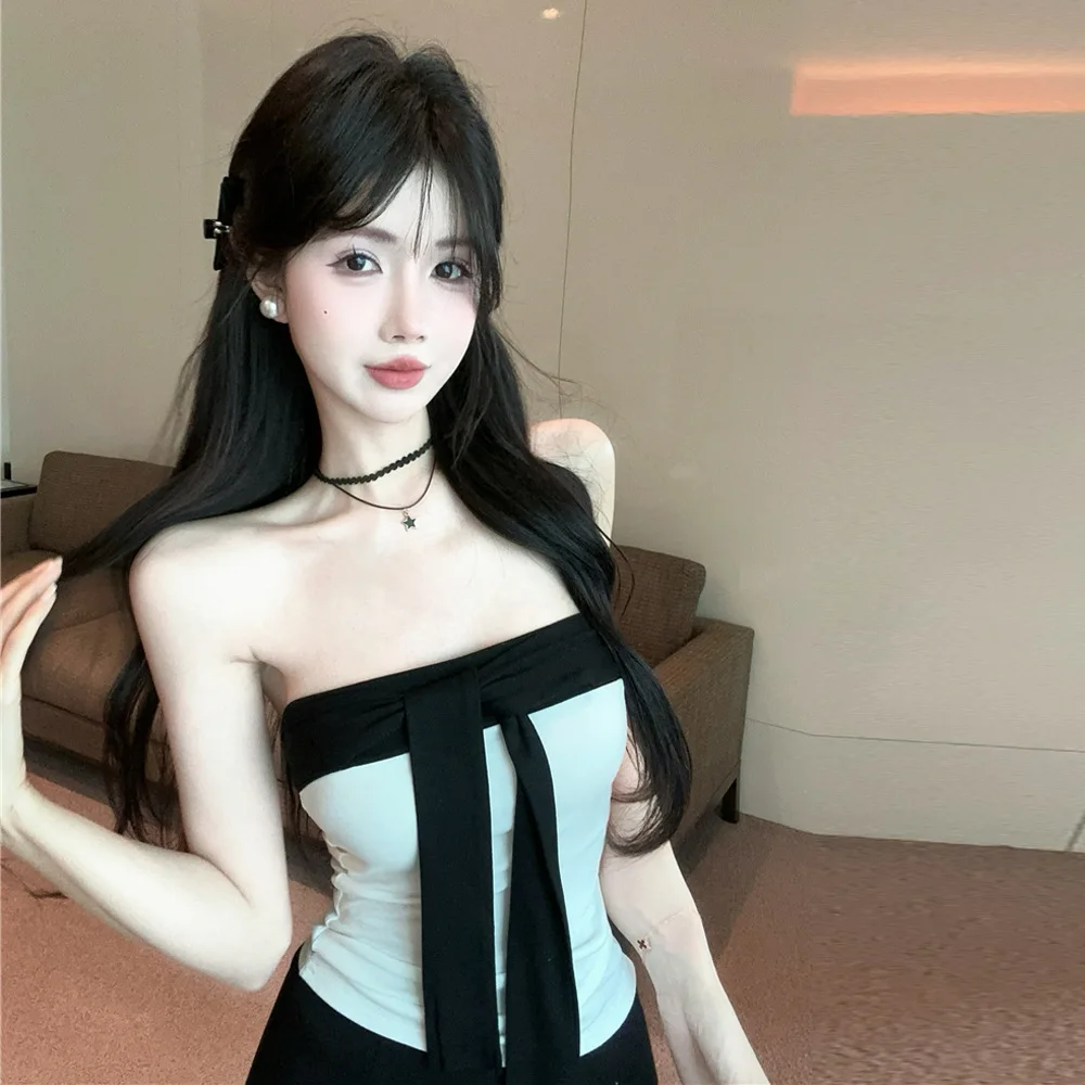 

Pure Desire Spicy Girl Color Blo Belted Crop Top Slimming ort Sle Knitted Tube Top for Women Summer Faion Ladies' Clo...