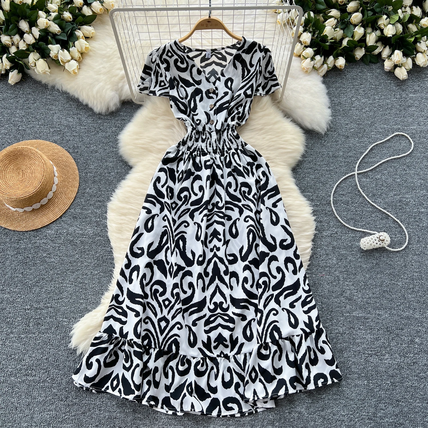 sweet v neck short sleeve ruffle print korean fashion Dress French Party Elegant Summer Sexy Slim Women dresses