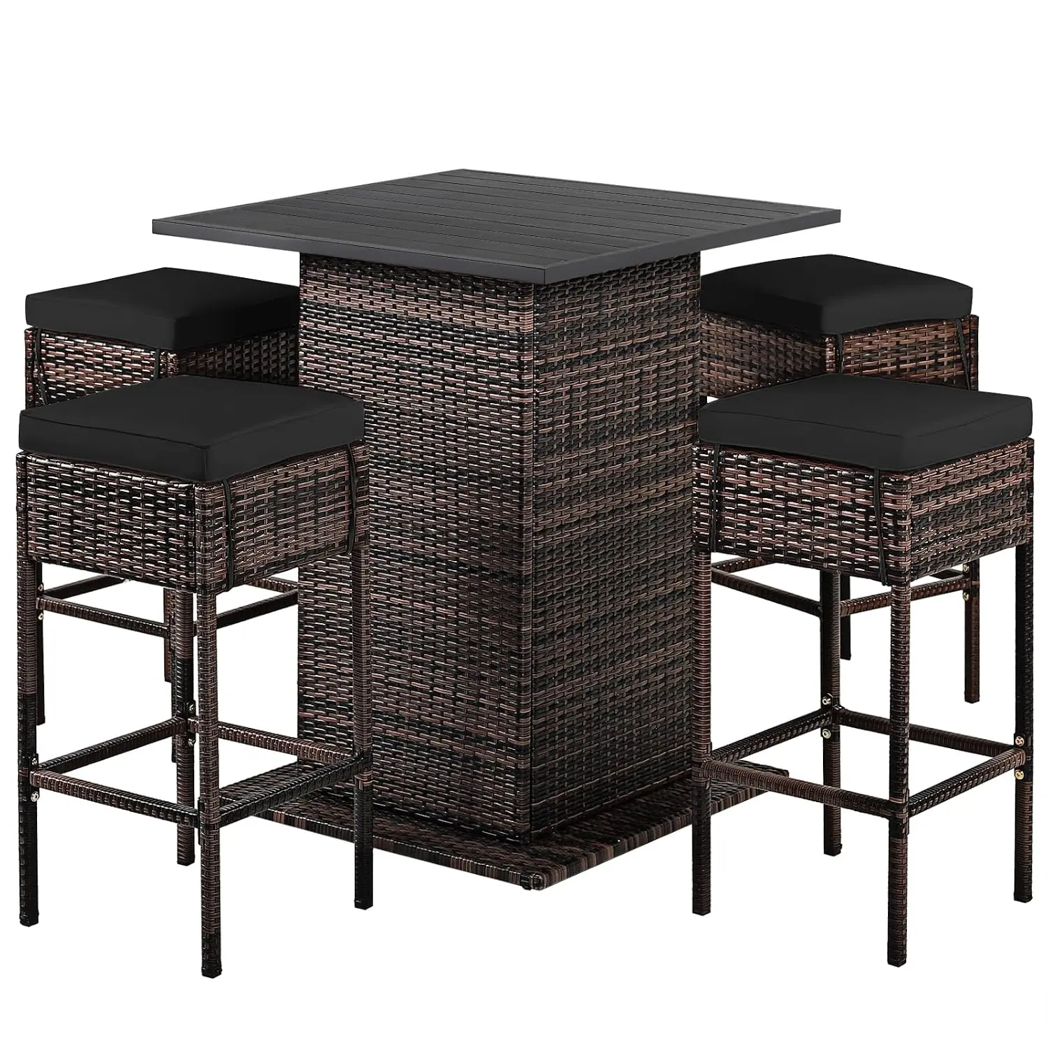 5Pcs Bar Table Stool Set Outdoor Wicker Hidden Storage Cushioned Bar Stools Garden Backyard Poolside, Customized