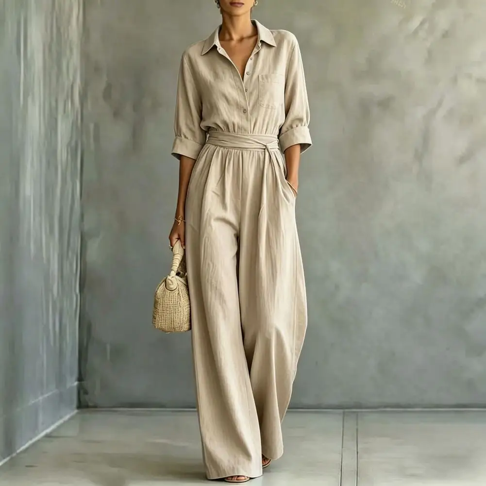 Women's Summer Jumpsuit Button Down Short Sleeve Dressy Wide Leg Pants Rompers Casual One Piece Outfits with Pockets