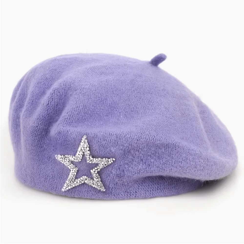 Streetwear Five-Pointed Star Wool Beret Soft Warm Knitted Painter Hat Rhinestone Decor Solid Color Beanie Cap Travel