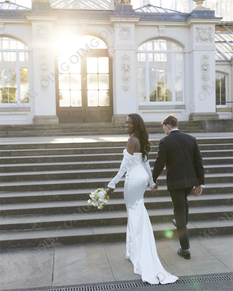 OIMG  Suknie ślubne z odkrytymi ramionami z rękawami Białe suknie wieczorowe dla panny młodej Długie zaproszenie na ślub Ceremonia recepcyjna