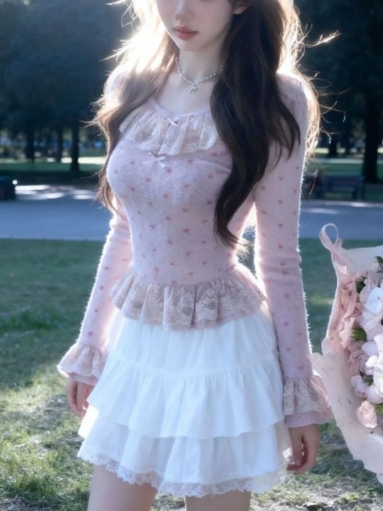 

Korean Sweet Kawaii 2 Piece Set Women Pink Lace Trim Slim Fit Top + High Waist Tiered Mini Skirt Casual Fashion Chic Outfits