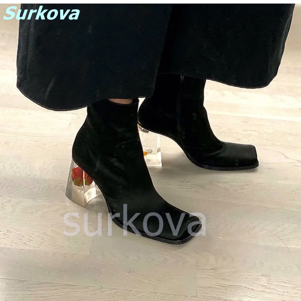 Crystal Chunky Heel Boots Original Design Rose Cigarette Butts Ankle Boots Fashion Comfortable Women Shoes Patent Leather Shoes