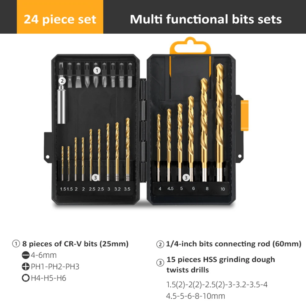 Drill Bit Sets CR-V Drill Driver Bit Sets 24 Piece Set Multi Functional Bits Sets With 1/4-inch Bits Connecting Rod (60mm) HSS