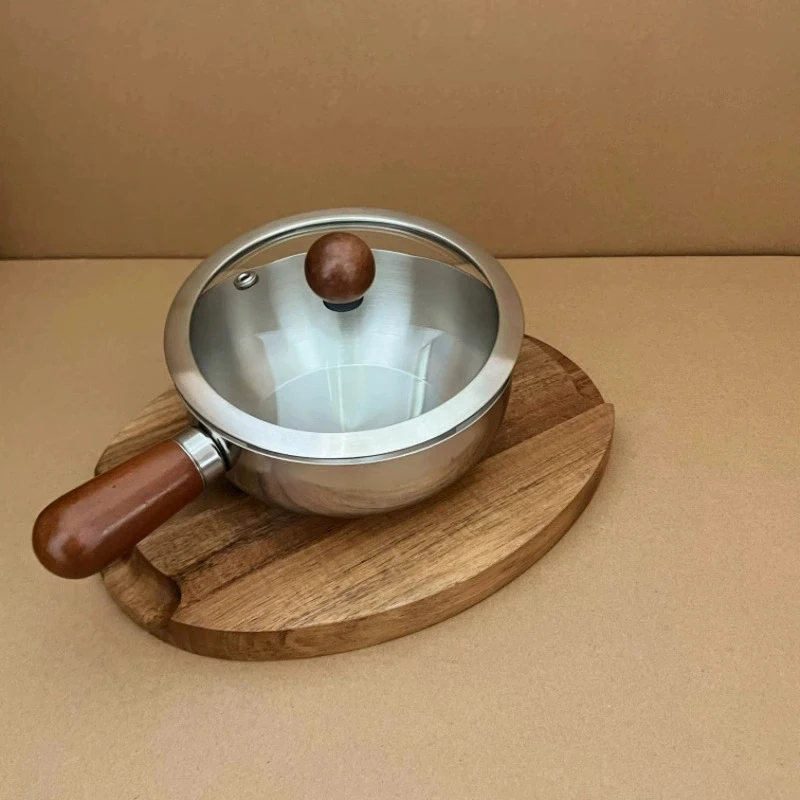 Stainless Steel Milk Pot With Wooden Handle, Compact Cooking Pot, Suitable For Frying Eggs And Heating Milk. Made Of Stainless S