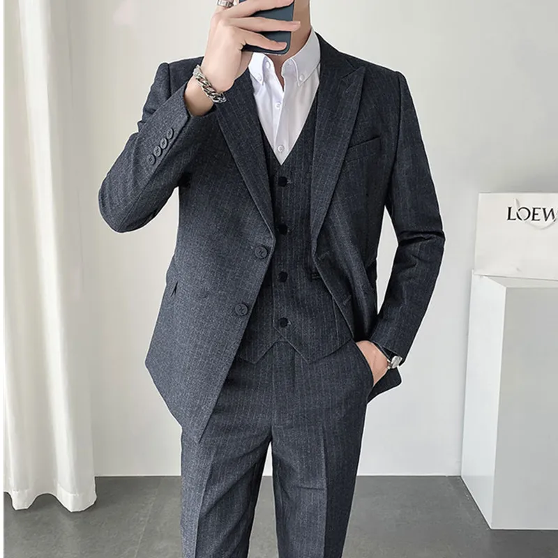 2023 Men Slim Fit Business Casual Stripe 3 Pieces Set Male High Quality Formal Groom Wedding Suit Jacket Vest Pants Trousers