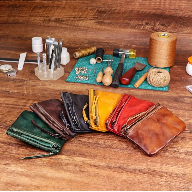 

Real leather ladies retro Japanese made old small purse handmade color made old pleated light coin purse