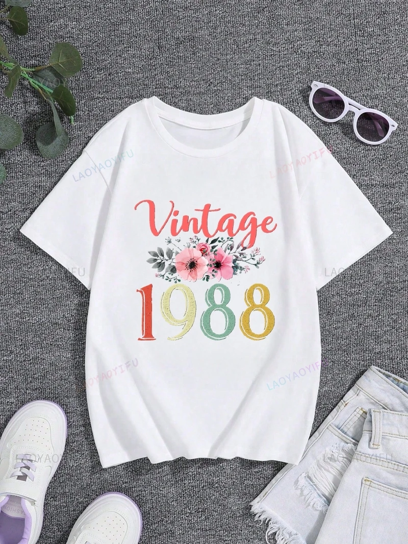 Souvenir Gift for 1988 Birthday, Vintage Style Patterned Top, Women's Fashion Short-sleeved Shirt,Everyday Street Cotton T-shirt