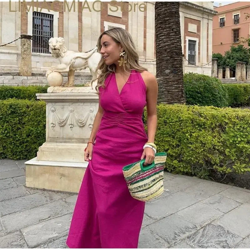 

Elegant Dress Women Summer Fold Sleeveless Backless Long Dresses Female Rose Red Fashion Lace Up Lady Vestidos