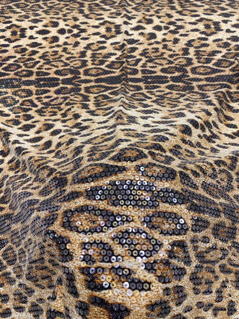 Caramel Color And Black Sequin Embroidered Jacquard Leopard Print Fine Fabric