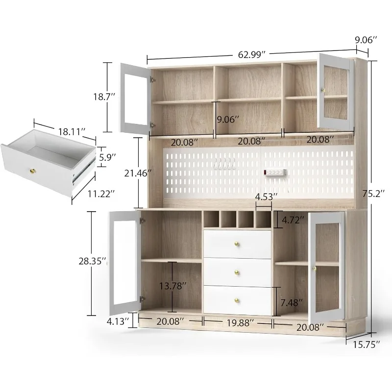 

Kitchen Hutch Cabinet, Pantry Cabinet, Freestanding Buffet Hutch with Pegboard, Cup Holder, Power Outlet, 4 Doors & 3 Drawers