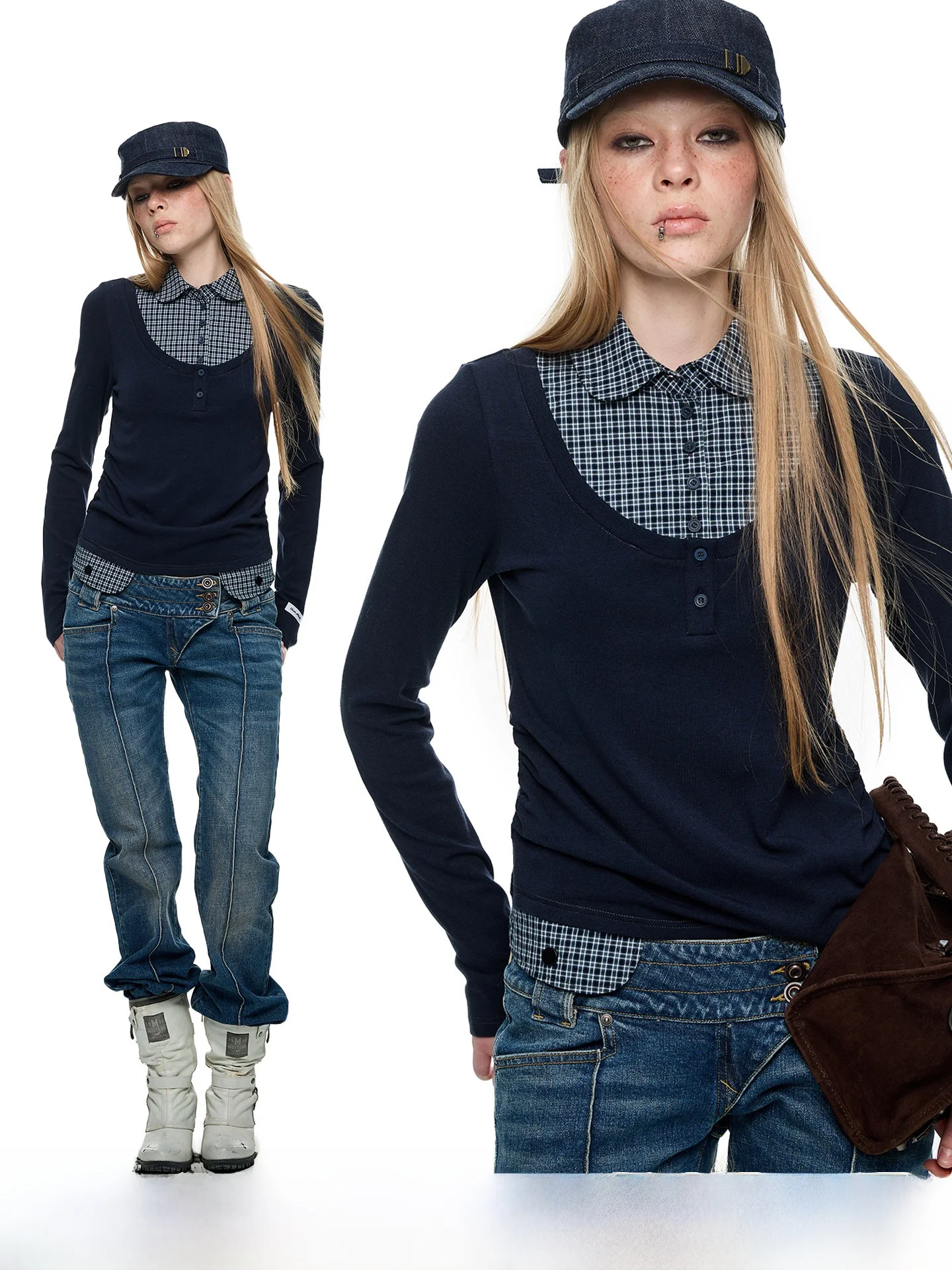 

JIKOO Matilda Miu Patterned Long Sleeve Shirt Color Block Base Layer Top Breathable Loose Fit Women's Fashion Spring 2025