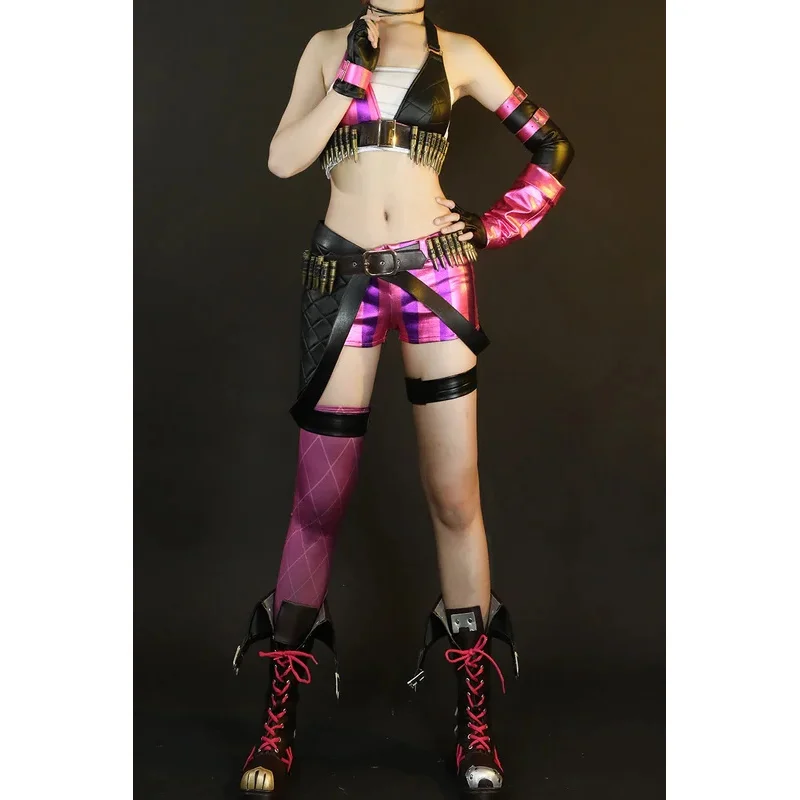 جميع أزياء الحفلات الباروكات Lol League of Legends Cos Jinx الحرير الخام الجلد مكافحة الشغب لولي تأثيري لعبة أنيمي فتاة الملابس