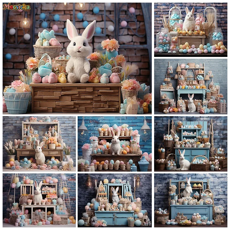 

Mocsicka Spring Easter Photography Backdrop Happy Birthday Party Bunny Floral Brick Wall Background Adult Kids Photo Banner