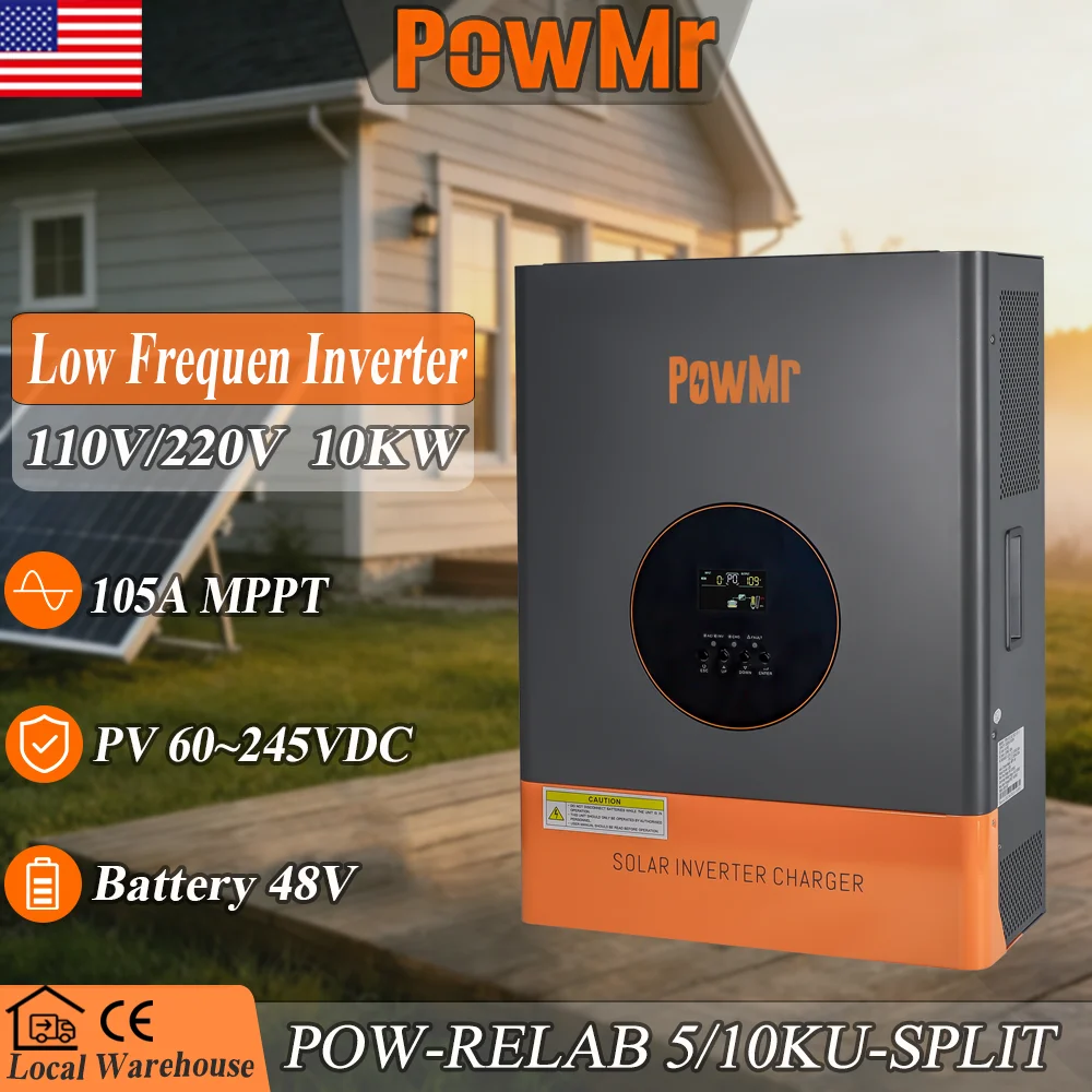 PowMr 48V Low Frequency Solar Inverter Charger 5KW 10KW Split Phase 110V/220V Pure Sine Wave Inverter with 105A MPPT Charging Current Built in BMS Comms AC/DC Dual Charge Protections for Industrial and Commercial Premises
