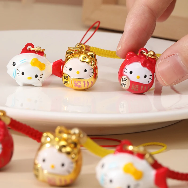 Hello Kitty Sanrio Pendant Bell Key Chain Kawaii Girls Bag Phone Accessory Cartoon Lucky Cat Jewelry Toys Valentine'S Day Gifts