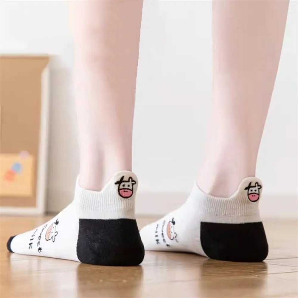 Pair Boat Socks Embroidery Shallow Mouth Kawaii Cow Spot Embroidery Panda Socks Women Cotton Socks Short Heel Socks Ankle Socks