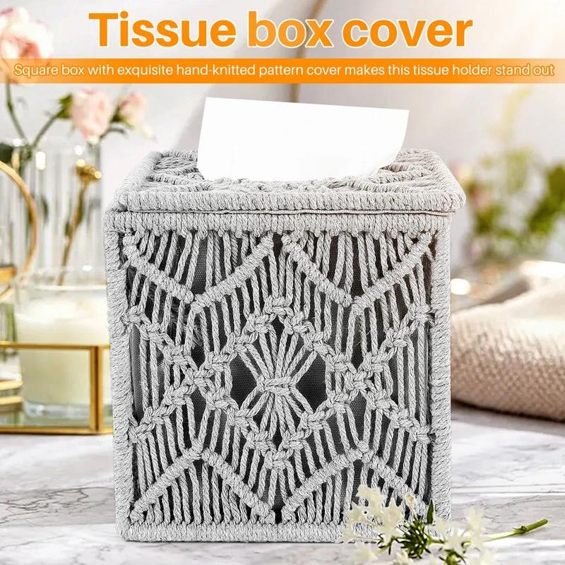 Couvercle de boîte à mouchoirs en papier carré, décor Boho, avec boucle en perles, organisateur de mouchoirs de serviette en macramé pour le bureau et la maison