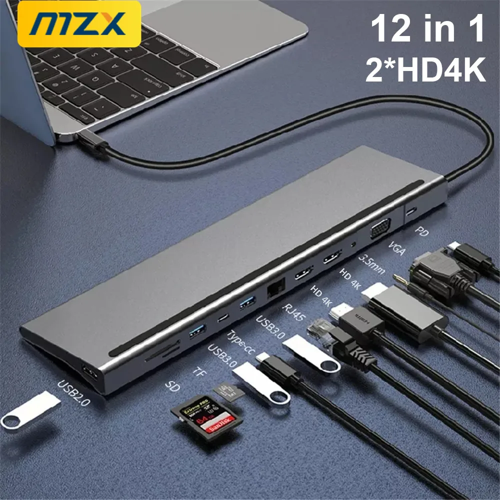 محطة إرساء USB متعددة المحاور 12 في 1 من النوع C وصلة متعددة المحور متوافقة مع HDMI RJ45 Pro قاعدة توصيل لأجهزة الكمبيوتر المحمول Macbook Mac