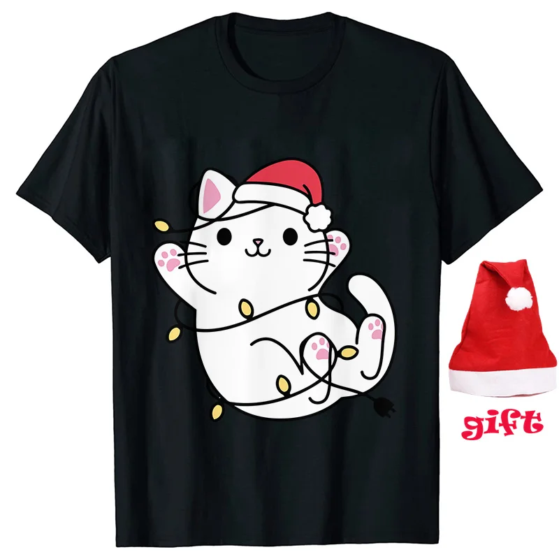 Christmas Lights T-Shirt for Women with Christmas Hats Cute Cat Xmas Print Tops Short Sleeve Tee Party Tshirt Female Clothing