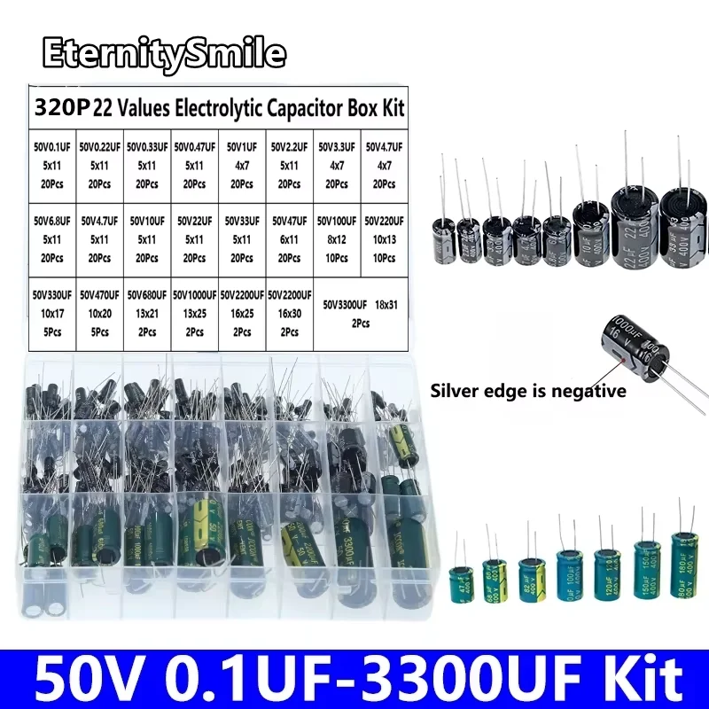 

320Pcs/Lot 50V Mix Aluminum Electrolytic Capacitor Assorted Kit 22 values 0.1UF-3300UF With Box