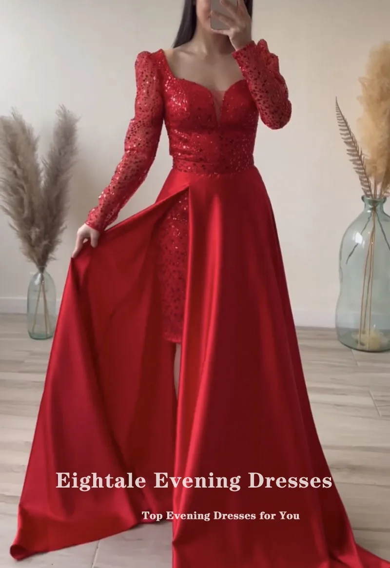 Eightale Luxury Prom Dresses Long Sleeves Sparkly Beaded Satin Red Evening Party Gowns Celebrity Satin abendkleid damen
