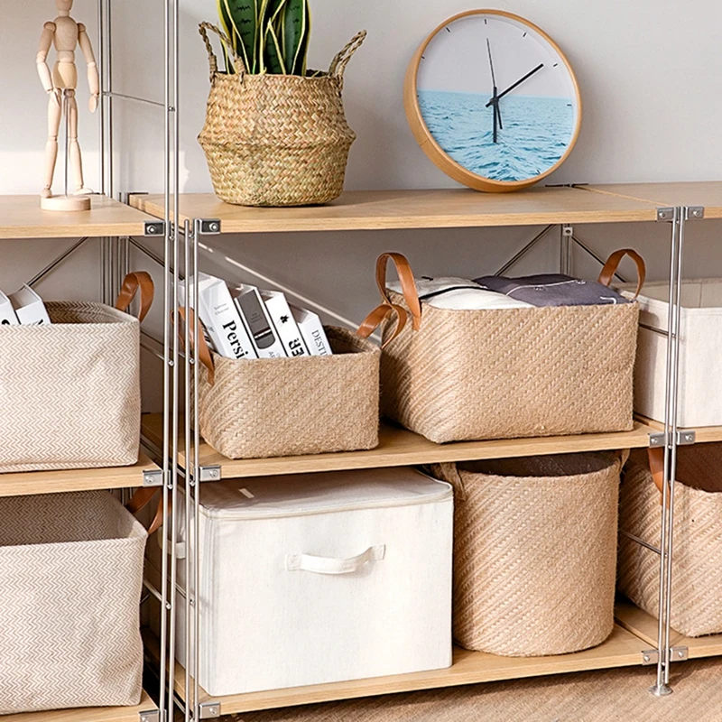 Jute Foldable Storage Basket Woven Storage Box Clothes Bins Cabinet Drawer Closet Organizer Sundries Toy Organizers Household