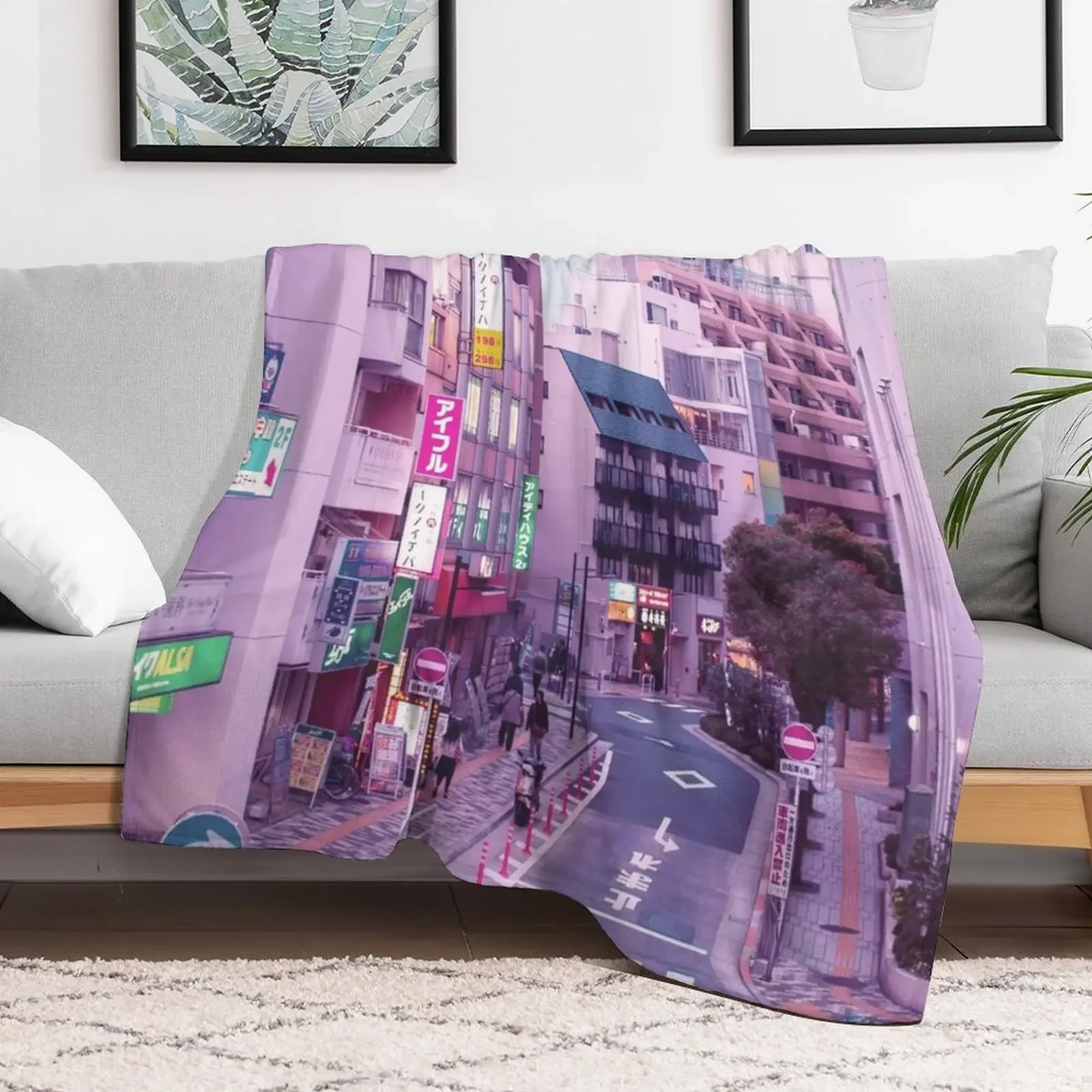 Pink City Pop Aesthetic Tokyo Japan Poster Vaporwave lofi moody vibe Throw Blanket Soft Plush Plaid Moving Plush Blankets